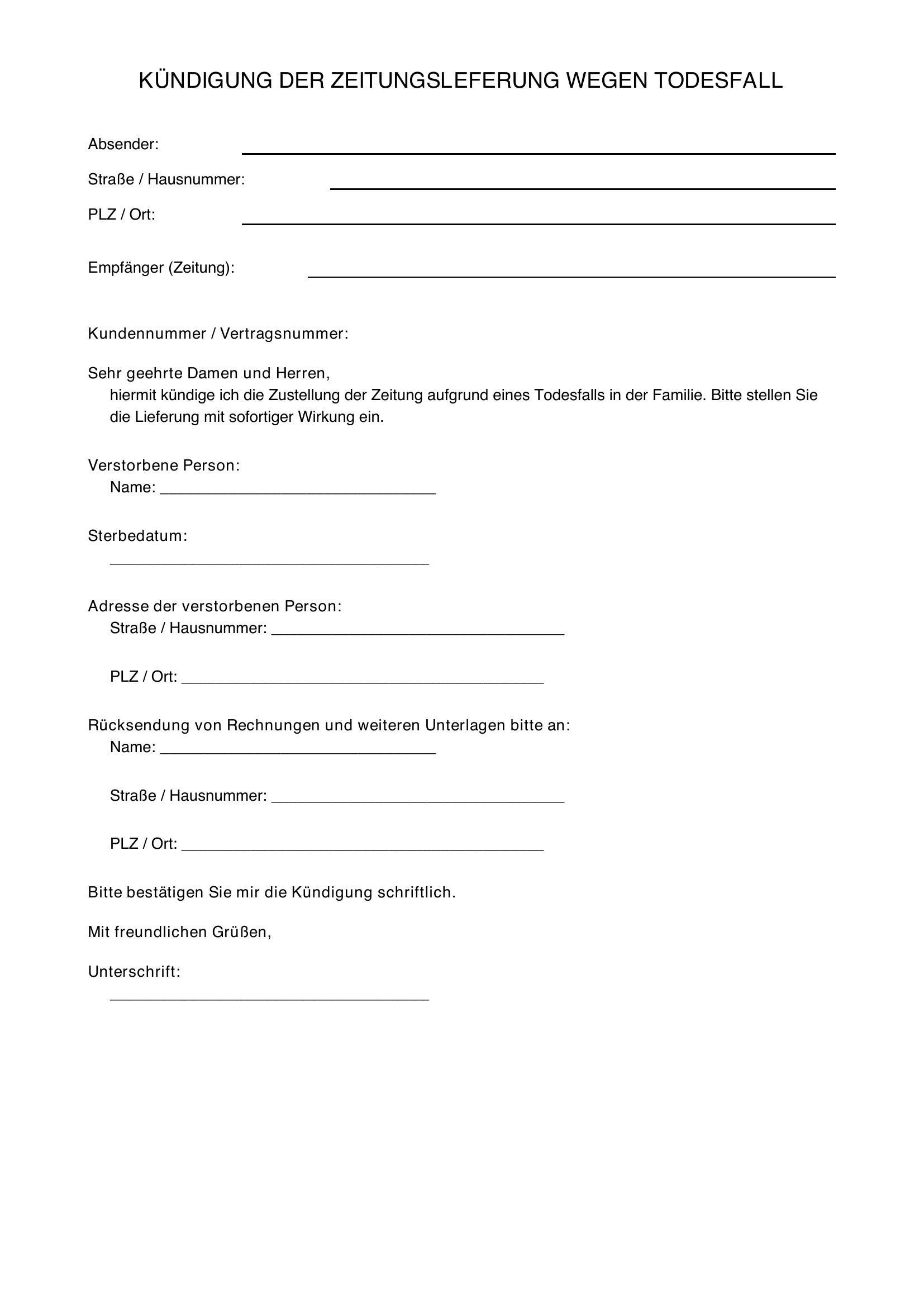 Zeitung Kündigen Todesfall Vorlage